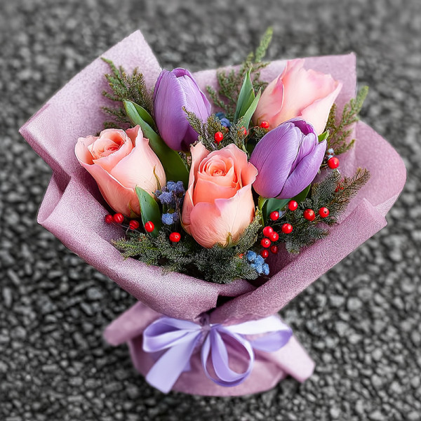 Blushing Petals — Pink Roses and Purple Tulips in Spring